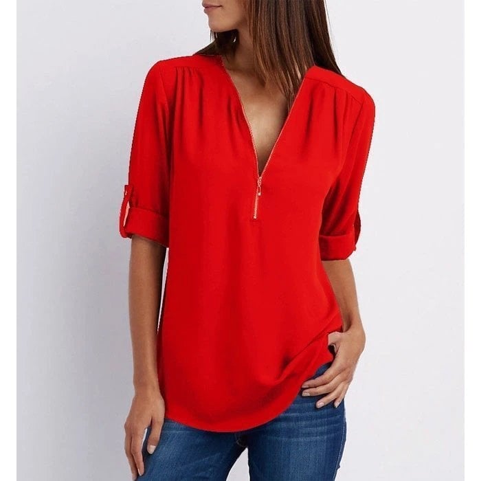 Blouse femme – Coupe ample – Tissu respirant – Demi-zip – Manches 3/4 retroussables