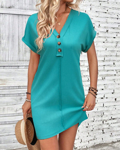 Robe Col En V Couleur Unie Trois Boutons Manches Courtes