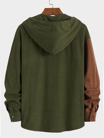 Chemise à capuche en velours côtelé colorblock coupe décontractée et pantalon droit en velours côtelé
