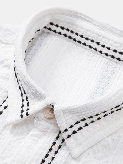Ensemble Estival : Chemise Jacquard à Rayures Géométriques & Short Froissé à Cordon