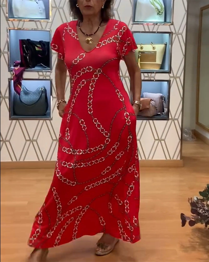 Robe Col V Imprimé Chaîne Maxi