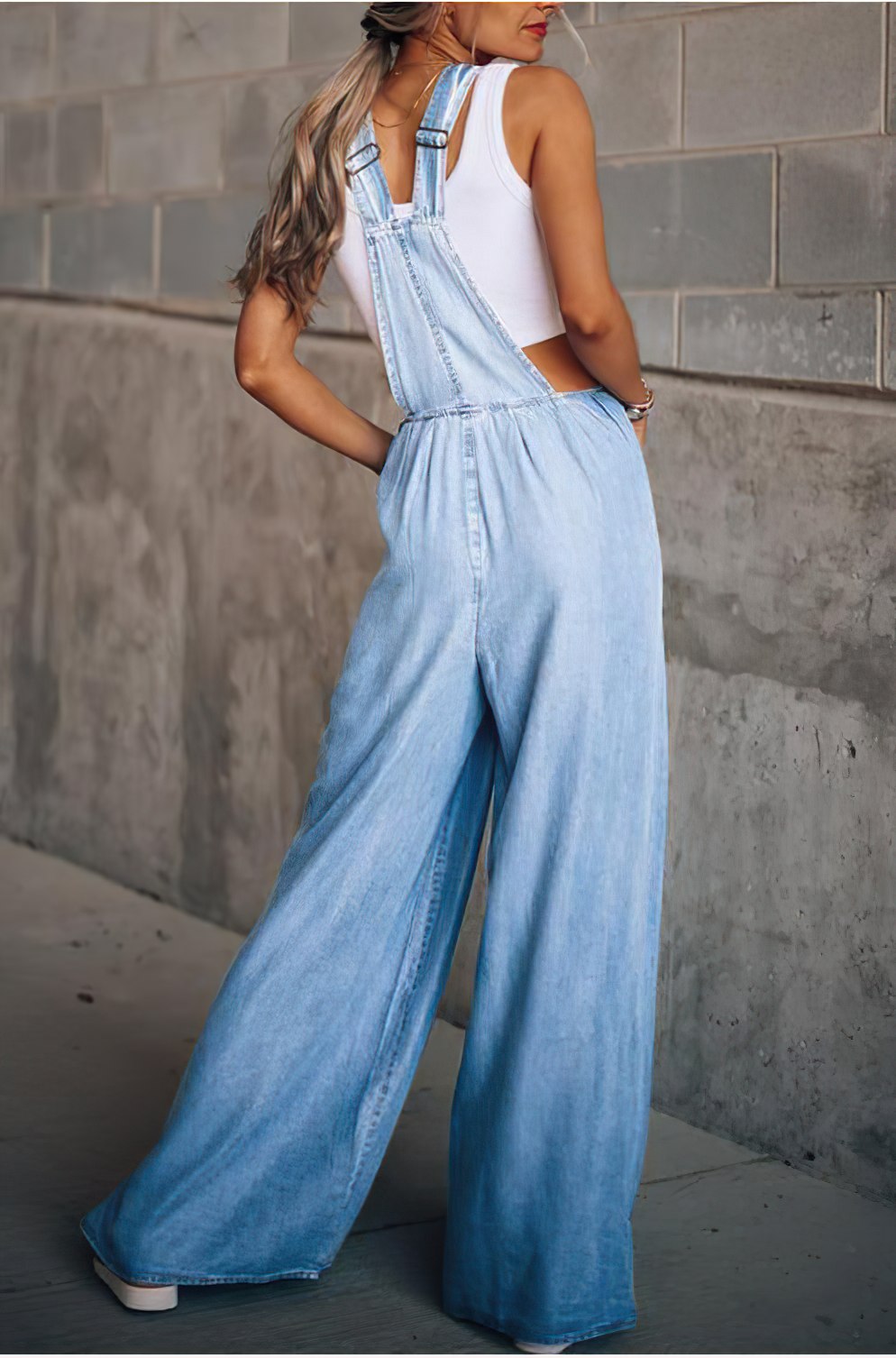 Combinaison femme – Coupe décontractée – Jambes larges – Look denim – Poche utilitaire