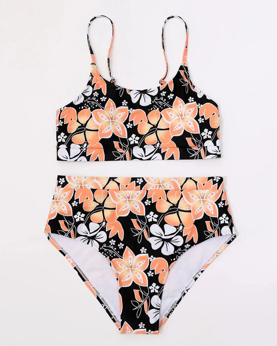 Bikini femme – Taille haute – Haut style débardeur – Imprimé floral – Tissu respirant