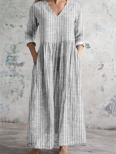 Robe longue femme – Fibres naturelles – Coupe ample – Manches longues – Rayures – Col V