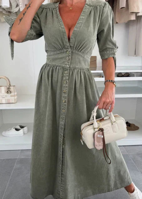 Christel| 👗Robe en jean avec décolleté en V et patte de boutonnage pour femmes