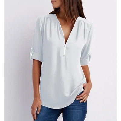 Blouse femme – Coupe ample – Tissu respirant – Demi-zip – Manches 3/4 retroussables