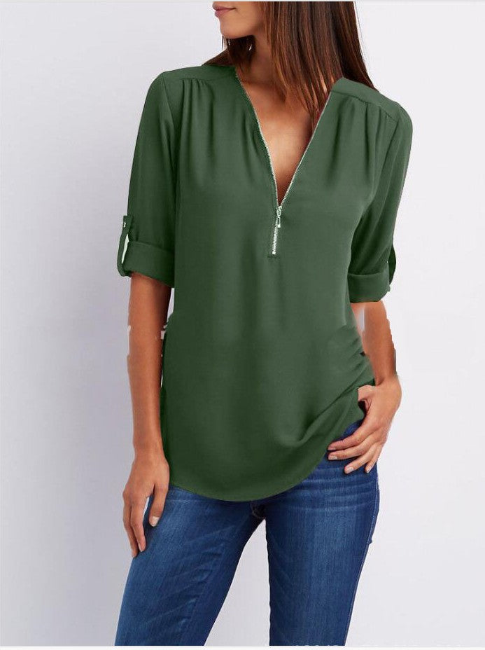 Blouse femme – Coupe ample – Tissu respirant – Demi-zip – Manches 3/4 retroussables