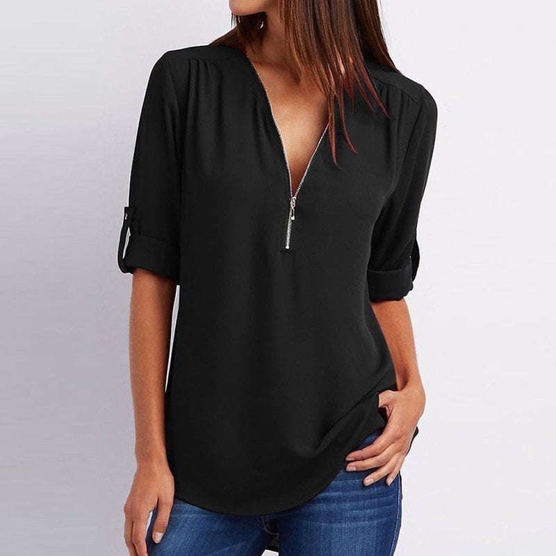 Blouse femme – Coupe ample – Tissu respirant – Demi-zip – Manches 3/4 retroussables