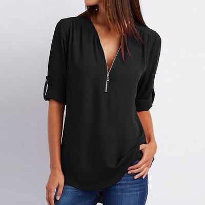 Blouse femme – Coupe ample – Tissu respirant – Demi-zip – Manches 3/4 retroussables