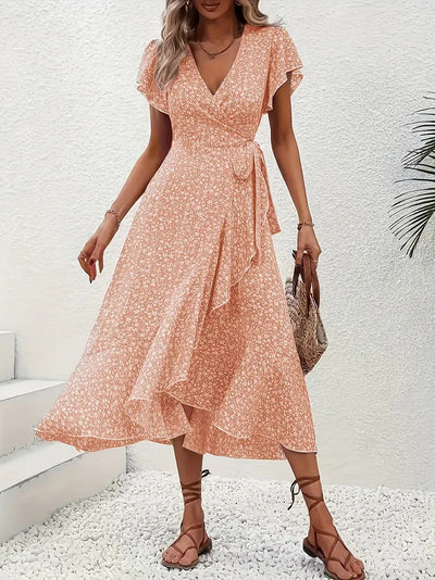 Robe mi-longue élégante à motifs floraux