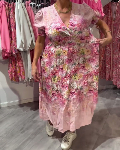 Robe Manche Bouffant Encolure En V Fleuri Taille