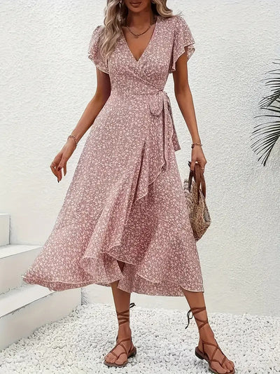 Robe mi-longue élégante à motifs floraux
