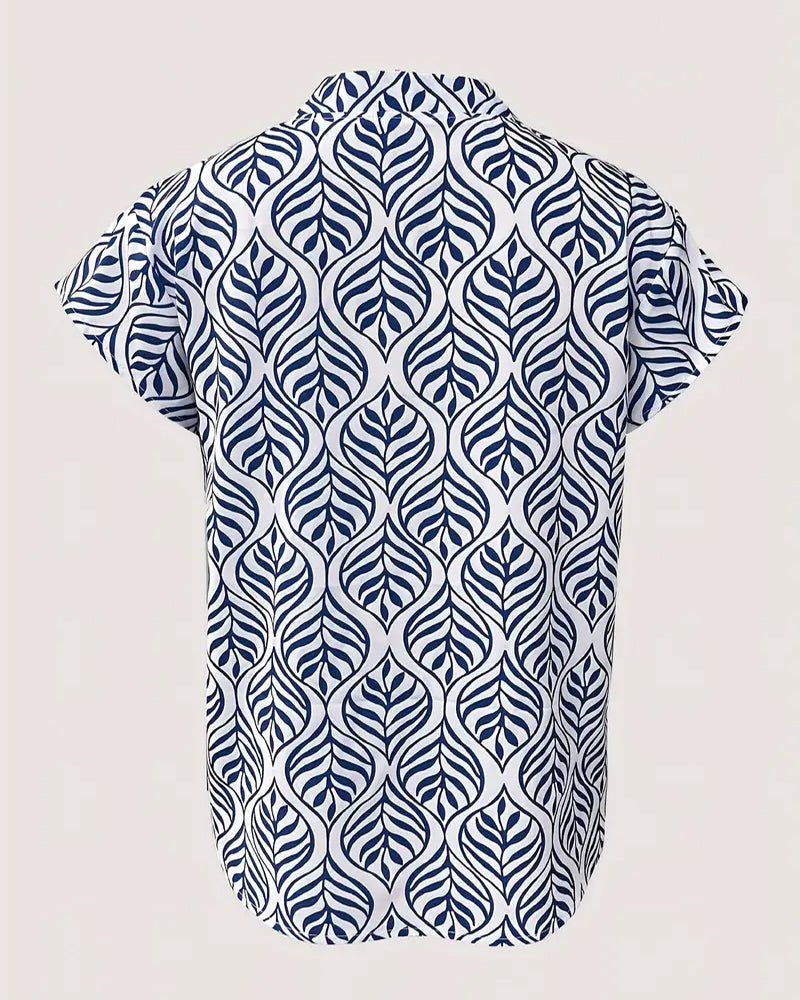 Blouse Col Montant Imprimé Feuille Manches Courtes