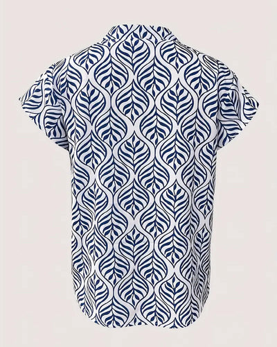 Blouse Col Montant Imprimé Feuille Manches Courtes