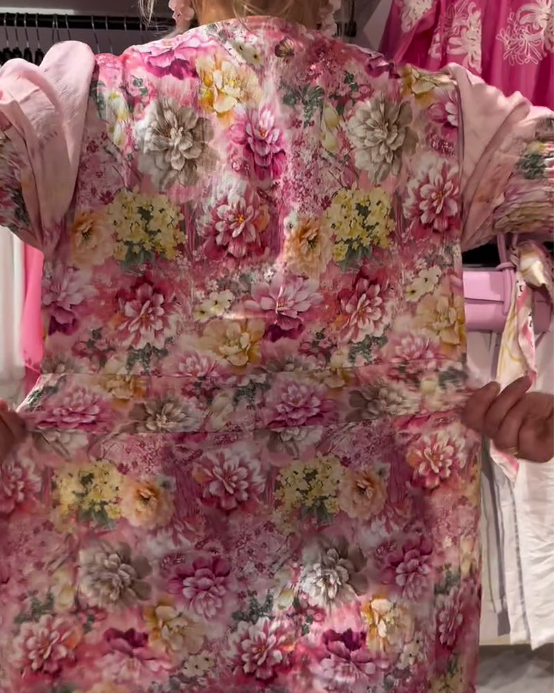 Robe Manche Bouffant Encolure En V Fleuri Taille