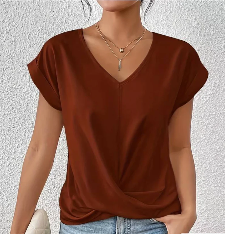 T-shirt femme - Col en V - Modèle ample - Détail croisé - Manches courtes
