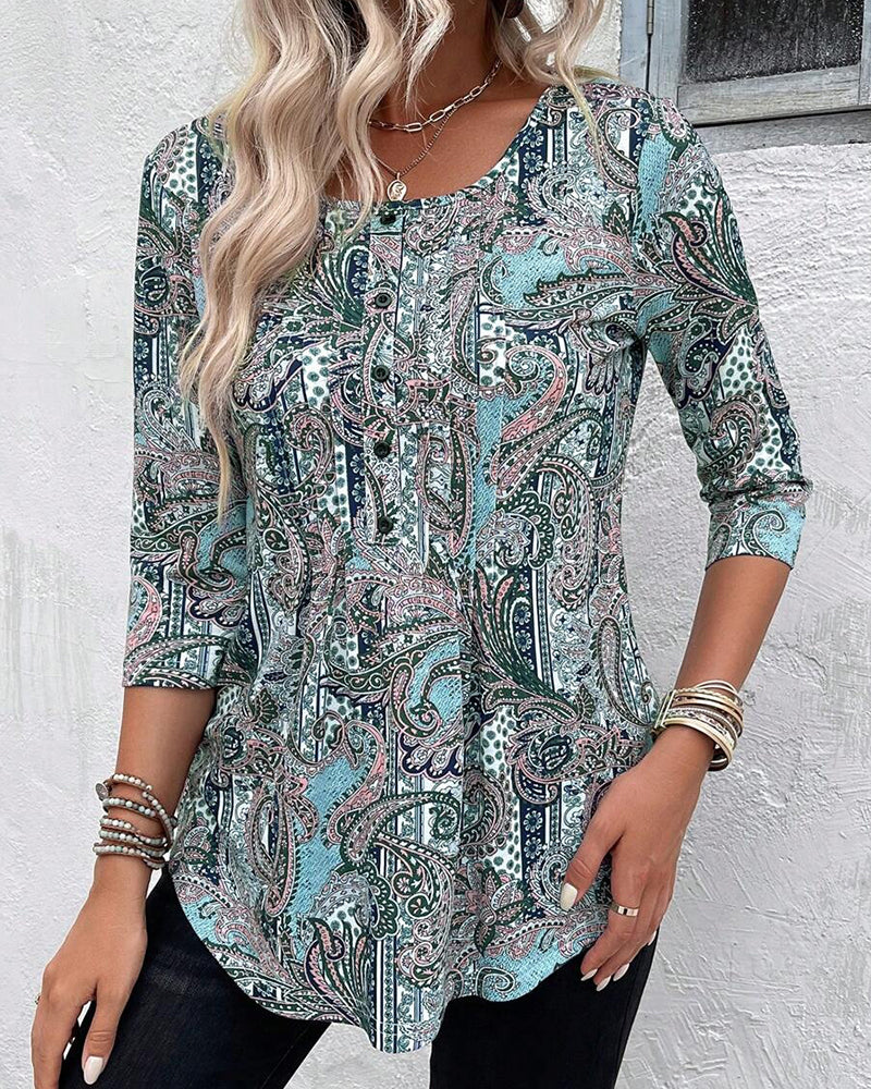 Blouse Trois-Quarts Manche Imprimé Vintage