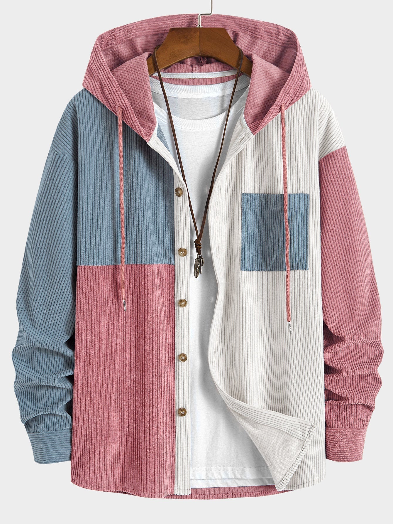 Chemise à capuche en velours côtelé colorblock coupe décontractée et pantalon droit en velours côtelé