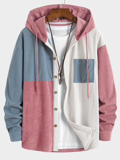 Chemise à capuche en velours côtelé colorblock coupe décontractée et pantalon droit en velours côtelé