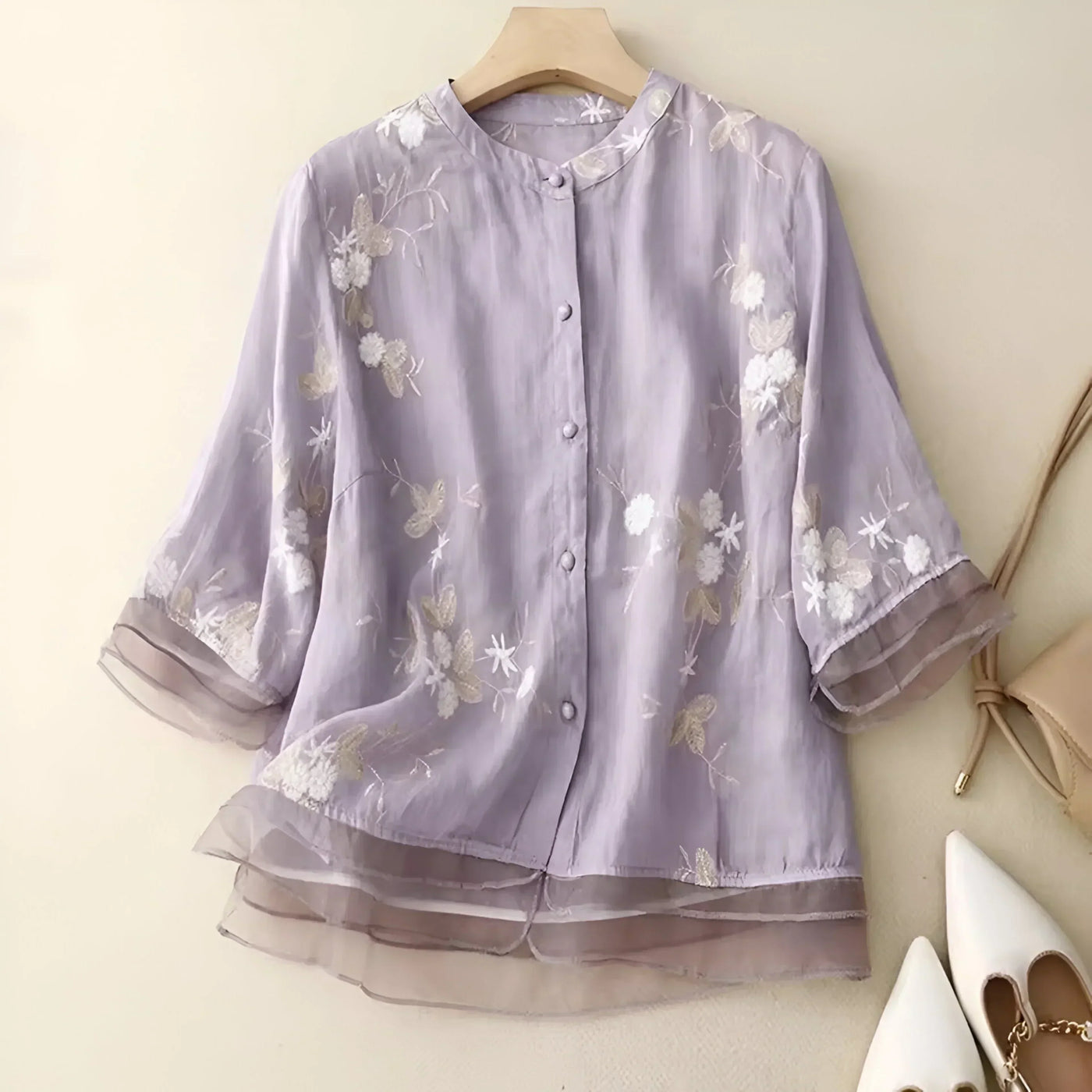 Blouse Femme – Coupe Décontractée – Fibres Naturelles – Broderie Florale – Manches 3/4