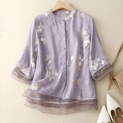 Blouse Femme – Coupe Décontractée – Fibres Naturelles – Broderie Florale – Manches 3/4
