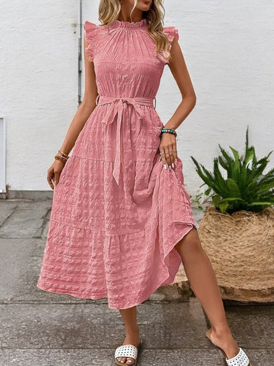 Gisèle - Robe Midi À Ourlets Volantés Et Ceinture À Nouer