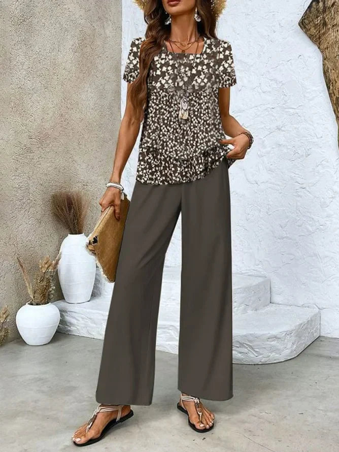 Ensemble deux pièces femme – Haut sans manches fluide – Pantalon large fleuri – Tissu respirant