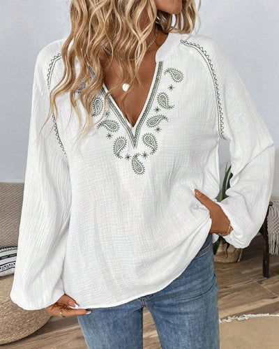 Blouse Col En V Manches Longues Imprimée Décontractée