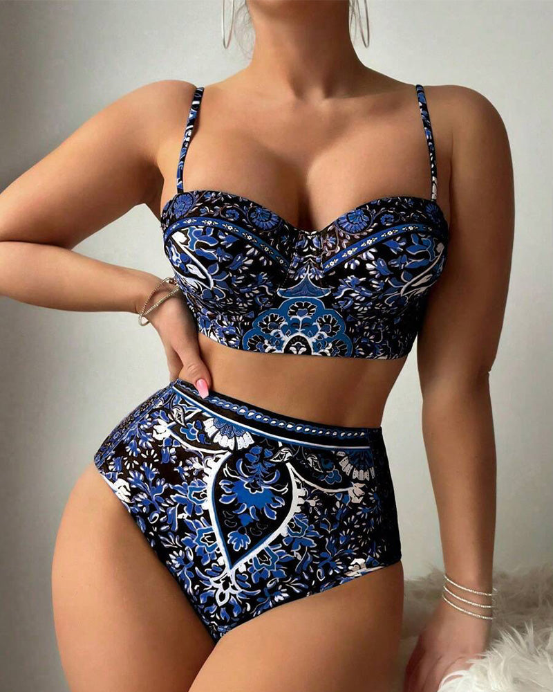 Maillot de bain Haute Taille Imprimé Rétro Deux-pièces