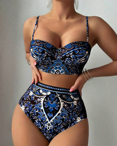 Maillot de bain Haute Taille Imprimé Rétro Deux-pièces