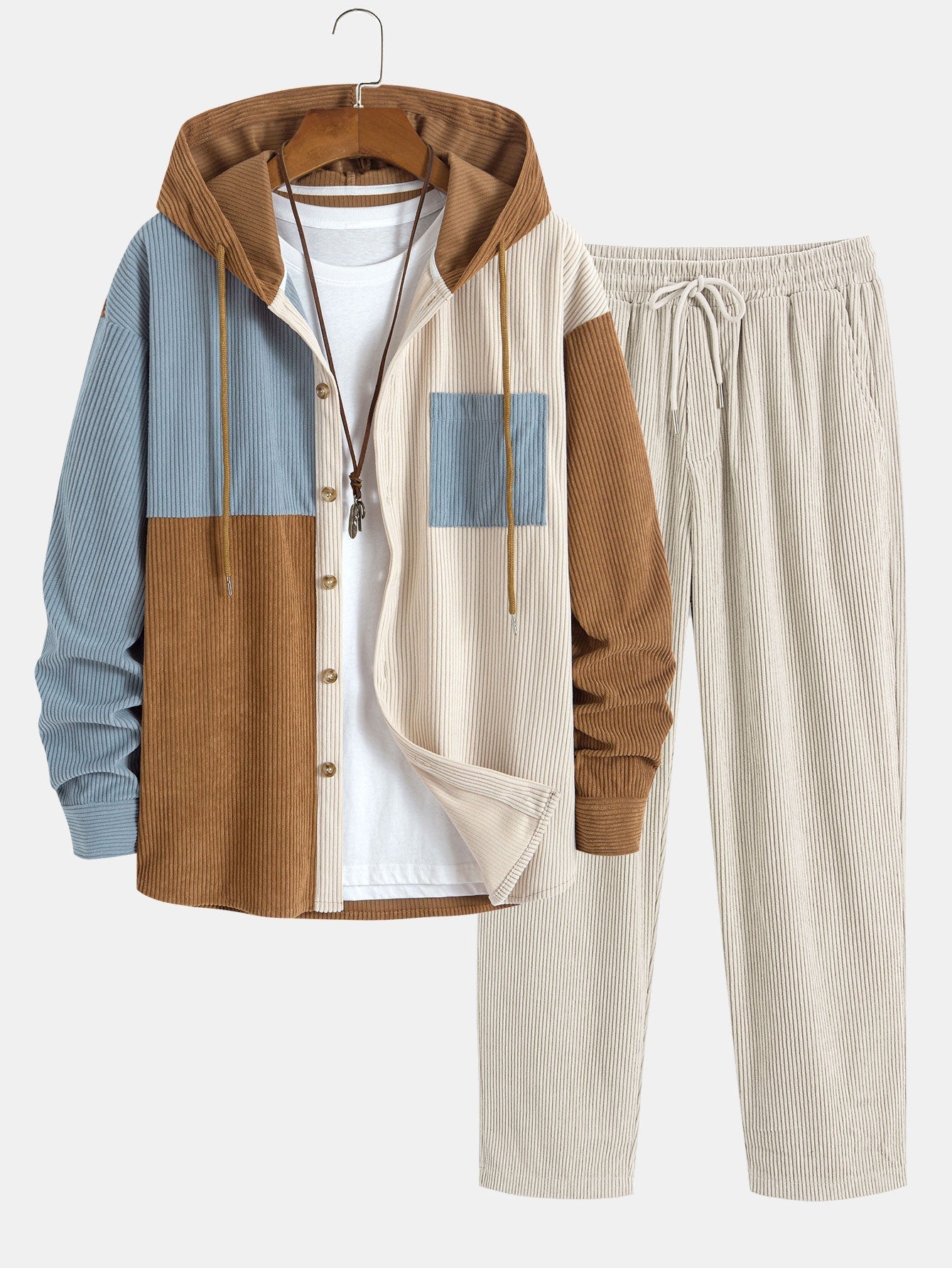 Chemise à capuche en velours côtelé colorblock coupe décontractée et pantalon droit en velours côtelé