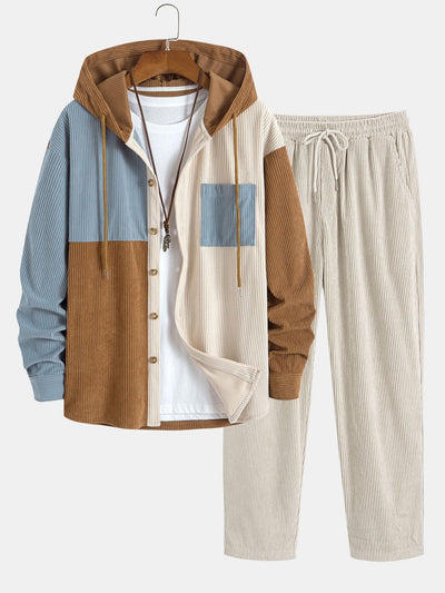 Chemise à capuche en velours côtelé colorblock coupe décontractée et pantalon droit en velours côtelé