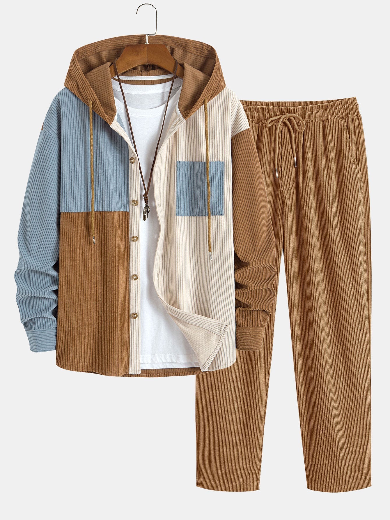 Chemise à capuche en velours côtelé colorblock coupe décontractée et pantalon droit en velours côtelé