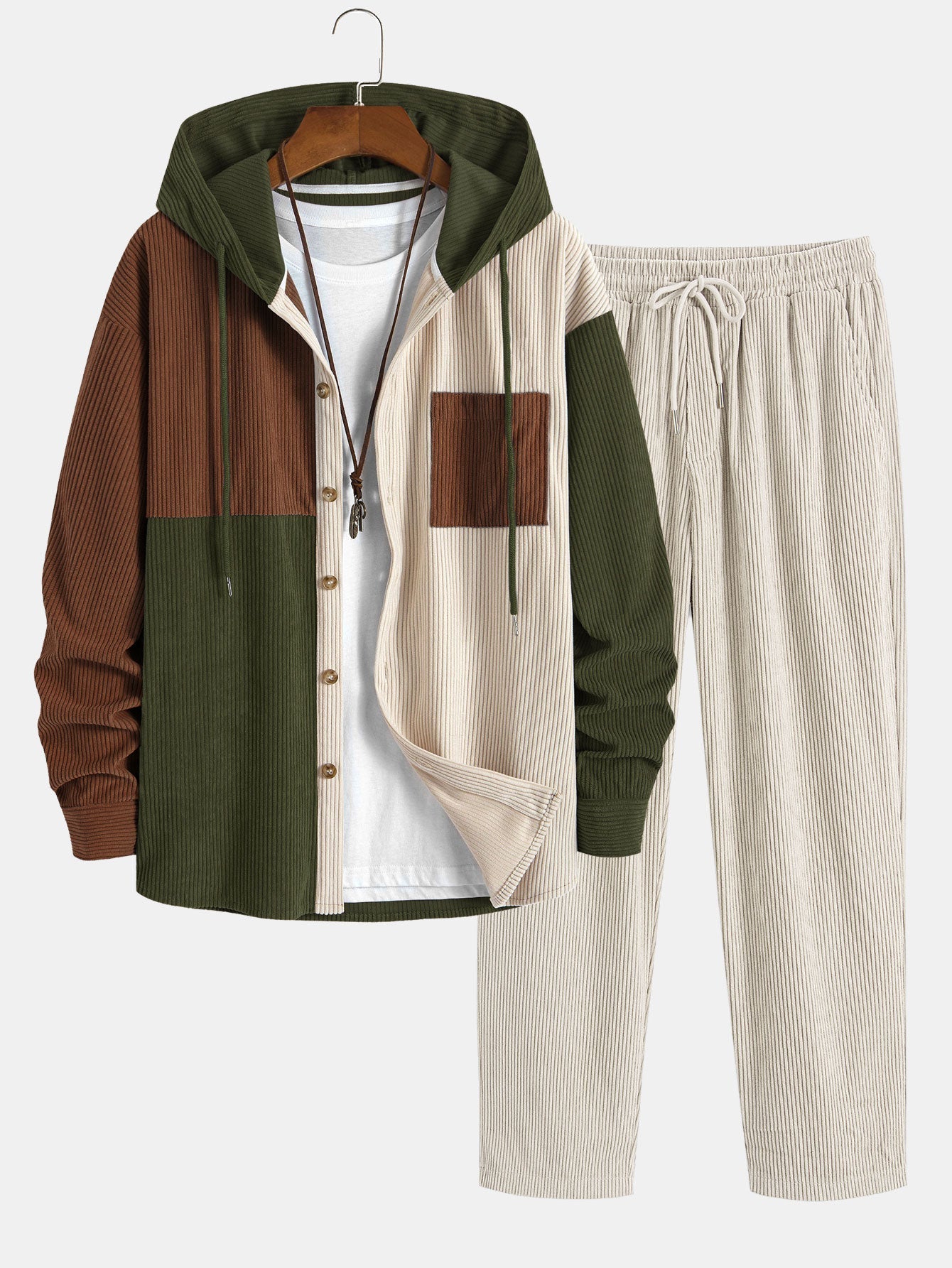 Chemise à capuche en velours côtelé colorblock coupe décontractée et pantalon droit en velours côtelé