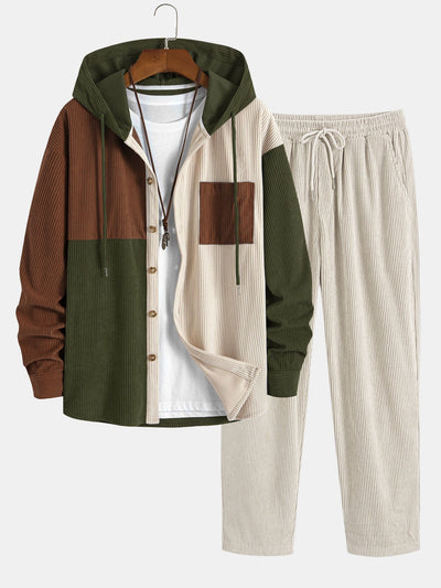 Chemise à capuche en velours côtelé colorblock coupe décontractée et pantalon droit en velours côtelé