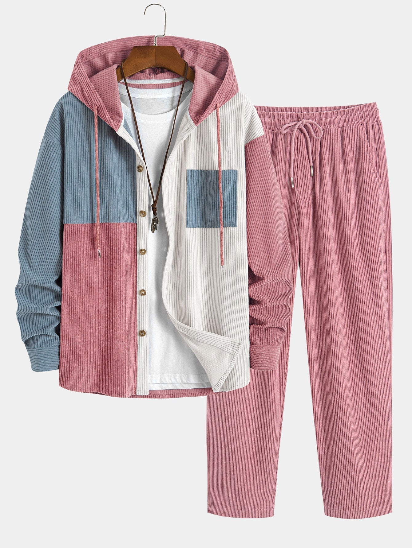 Chemise à capuche en velours côtelé colorblock coupe décontractée et pantalon droit en velours côtelé