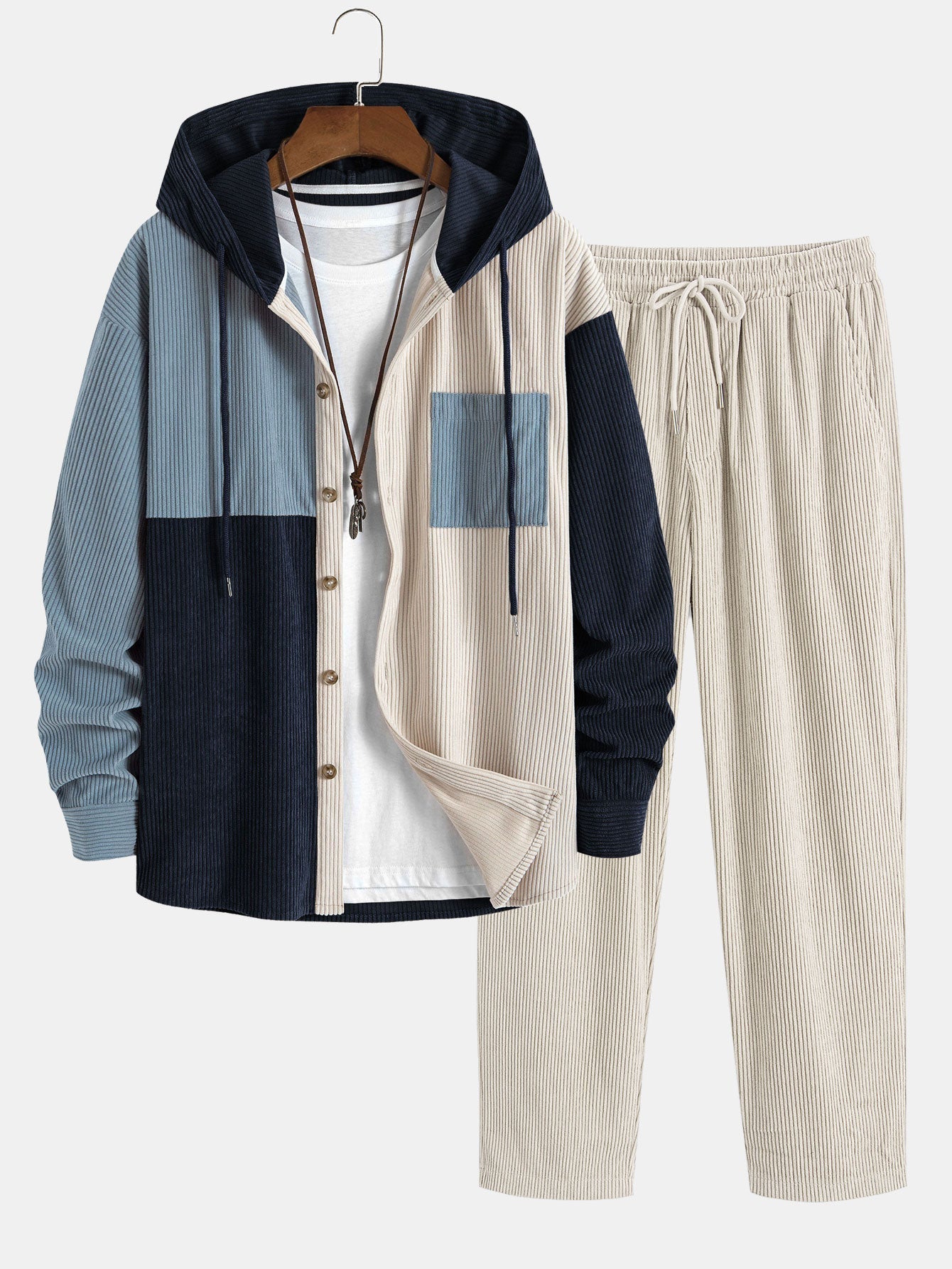 Chemise à capuche en velours côtelé colorblock coupe décontractée et pantalon droit en velours côtelé