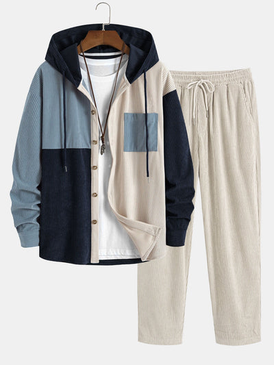 Chemise à capuche en velours côtelé colorblock coupe décontractée et pantalon droit en velours côtelé