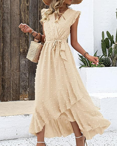 Robe longue avec tissu texturé et volants - Robe d'été élégante avec encolure en V et ceinture à nœuds