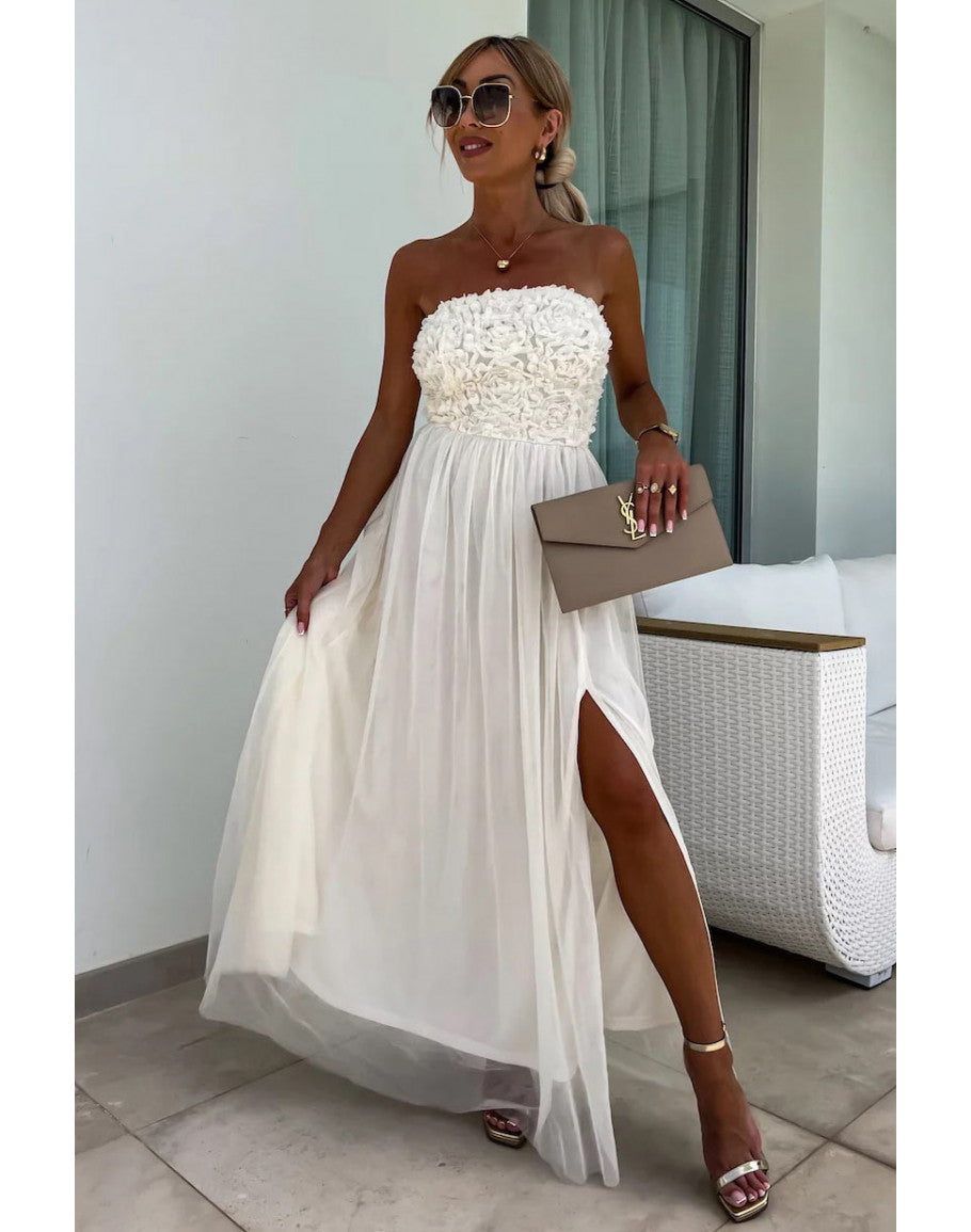 Robe longue femme – Sans bretelles – Coupe fluide élégante – Fente latérale – Haut texturé