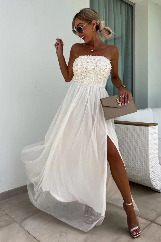 Robe longue femme – Sans bretelles – Coupe fluide élégante – Fente latérale – Haut texturé