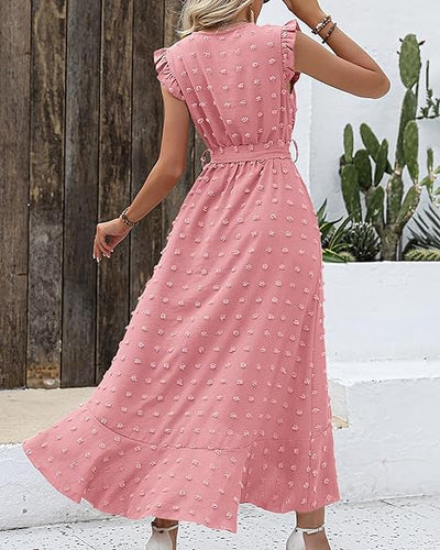 Robe longue avec tissu texturé et volants - Robe d'été élégante avec encolure en V et ceinture à nœuds