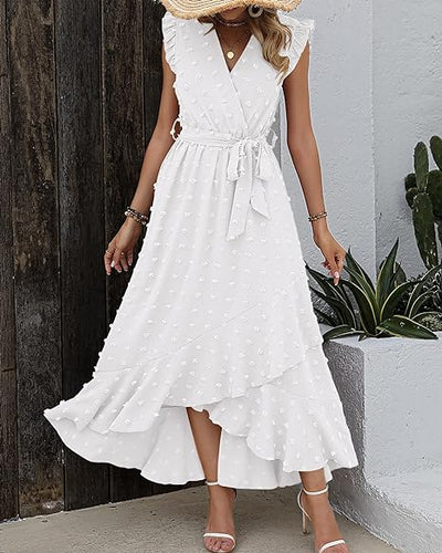 Robe longue avec tissu texturé et volants - Robe d'été élégante avec encolure en V et ceinture à nœuds