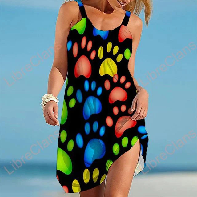 Robe décontractée femme – Sans manches – Coupe fluide – Imprimé ludique – Tissu respirant