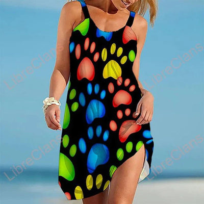 Robe décontractée femme – Sans manches – Coupe fluide – Imprimé ludique – Tissu respirant