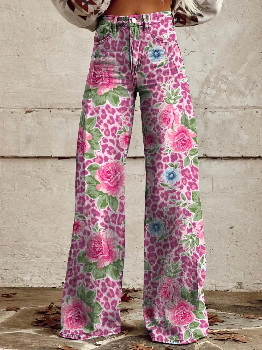 Pantalon femme large – Taille haute – Imprimé fleuri – Coupe décontractée – Tissu structuré