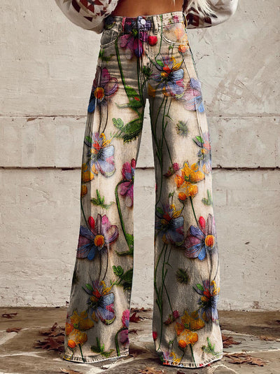 Pantalon femme large – Taille haute – Imprimé fleuri – Coupe décontractée – Tissu structuré
