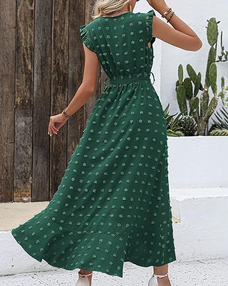Robe longue avec tissu texturé et volants - Robe d'été élégante avec encolure en V et ceinture à nœuds
