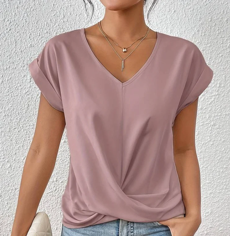 T-shirt femme - Col en V - Modèle ample - Détail croisé - Manches courtes