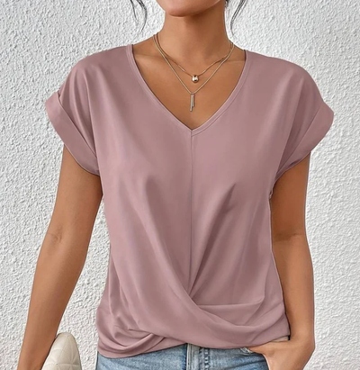 T-shirt femme - Col en V - Modèle ample - Détail croisé - Manches courtes